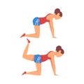 Woman Doing Donkey Kicks Exercise in Two Steps, Girl Doing Sports Firming her Body, Buttock Workout Vector Illustration