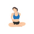 Woman doing easy pose with ear to shoulder stretch sukhasana exercise