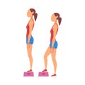 Woman Doing Exercise Using Steps Platform in Two Steps, Girl Doing Sports Firming her Body, Buttock Workout Vector