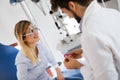 Woman doing eye test with optometrist in eye sight clinic Royalty Free Stock Photo