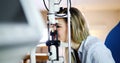 Woman doing eye test with optometrist in eye sight clinic Royalty Free Stock Photo