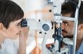 Woman doing eye test with optometrist in eye sight clinic Royalty Free Stock Photo