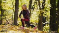 Woman doing fitness exercises outdoor. Female stretching in autumn forest. Slim girl at workout Royalty Free Stock Photo