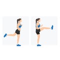 Woman doing forward leg swings holding on the wall exercise