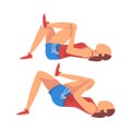 Woman Doing Glute Exercise with Hip Raise in Two Steps, Girl Doing Sports Firming her Body, Buttock Workout Vector