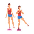 Woman Doing Glute Exercise Using Steps Platform in Two Steps, Girl Doing Sports Firming her Body, Buttock Workout Vector