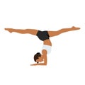 Woman doing Handstand with splits, variation of Pincha Mayurasana yoga exercise