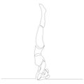 Woman doing headstand yoga pose. Continuous line drawing. Yoga pose stand on the head or Shirshasana. Vector