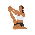 Woman doing heron pose krounchasana exercise.