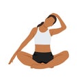 Woman doing meditating and seated stretching neck to the side. Release neck and shoulder tension. Flat vector