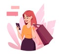 Woman doing online shopping. Cheerful cartoon character. Royalty Free Stock Photo