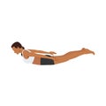 Woman doing pose salabhasana exercise.