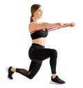 Woman doing a power band behind lunge forward push isolated