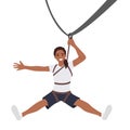 Woman doing rope slide ride. Hand on line over crossing cliff. Zip line rope concept banner. Cartoon illustration of zip line rope Royalty Free Stock Photo