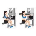 Woman doing Seated Lateral raise machine. Power partials exercise