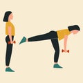Woman doing single-leg romanian deadlifts. Illustrations of glute exercises and workouts. Flat vector illustration