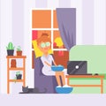 Woman doing skin care routine at home, vector illustration. Relaxing beauty procedures after work, in comfort of city