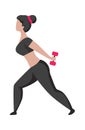 Woman doing sport exercises. Cartoon female training with dumbbells. Athletic teenager lifting weights. Sportsman