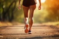 Woman doing sports, morning jogging, jogging. Female legs in sports running shoes, rear view. Concept: sports running, marathon,