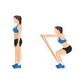 Woman doing Squat band front raise exercise.