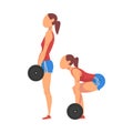 Woman Doing Squats with Barbell in Two Steps, Girl Doing Sports Firming her Body, Buttock Workout Vector Illustration