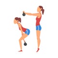 Woman Doing Squats with Kettlebell in Two Steps, Girl Doing Sports Firming her Body, Buttock Workout Vector Illustration