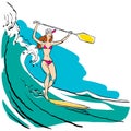 Woman doing Stand Up Paddling on Paddle Board on Water at Seaside.