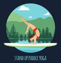 Woman doing Stand Up Paddling Yoga on Paddle Board on Water at lake Mountain landscape Stand Up Paddle Yoga Workout Royalty Free Stock Photo