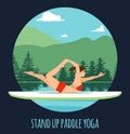 Woman doing Stand Up Paddling Yoga on Paddle Board on Water at lake Mountain landscape Stand Up Paddle Yoga Workout Royalty Free Stock Photo