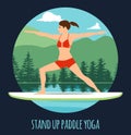 Woman doing Stand Up Paddling Yoga on Paddle Board on Water at lake Mountain landscape Stand Up Paddle Yoga Workout Royalty Free Stock Photo