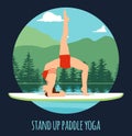 Woman doing Stand Up Paddling Yoga on Paddle Board on Water at lake Mountain landscape Stand Up Paddle Yoga Workout Royalty Free Stock Photo