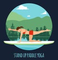 Woman doing Stand Up Paddling Yoga on Paddle Board on Water at lake Mountain landscape Stand Up Paddle Yoga Workout Royalty Free Stock Photo