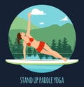 Woman doing Stand Up Paddling Yoga on Paddle Board on Water at lake Mountain landscape Stand Up Paddle Yoga Workout Royalty Free Stock Photo