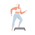 Woman doing step aerobics exercises on stepper platform. Cardio fitness. Person training endurance. Female character