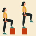 Woman doing steps-up. Illustrations of glute exercises and workouts. Flat vector illustration Royalty Free Stock Photo