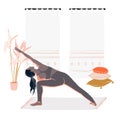 Woman doing stratching. Indoor sport class, Flexibility lesson, girl doing  yoga at home during self isolation cartoon flat illust Royalty Free Stock Photo