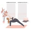 Woman doing stratching. Indoor sport class, Flexibility lesson, girl doing yoga at home during self isolation cartoon flat