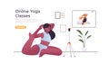 woman doing stretching exercises while watching online video training program with yoga teacher workout concept