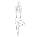 woman doing tree yoga pose healthy exercising in continuous line drawing calligraphic