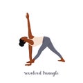 Woman doing Triangle yoga pose, Trikonasana, stretching exercise, asana helps to relieve stress