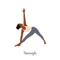 Woman doing Triangle yoga pose, Trikonasana, stretching exercise, asana helps to relieve stress