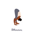 Woman doing Uttanasana. Standing forward bend. Caucausian woman performing yoga posture