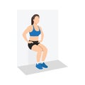 Woman doing wall sit exercise. Flat vector