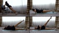 Woman is doing work out in home, training alone at self-isolation time, collage