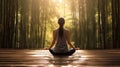 Woman doing yoga on the bamboo path and the sun, with bright rays of light beautifully shining through the trees