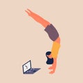 Woman doing yoga exercise with laptop at home illustration Concept. Stay home and stay healthy flat vector cartoon character Desig Royalty Free Stock Photo