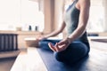 Woman Doing Yoga Exercises In Gym, Closeup Sport Fitness Girl Sitting Lotus Pose Royalty Free Stock Photo