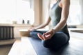 Woman Doing Yoga Exercises In Gym, Closeup Sport Fitness Girl Sitting Lotus Pose