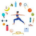 Woman doing yoga exercises. Icons of healthy food, vegetables and sports equipment for different sports around her. Healthy