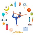 Woman doing yoga exercises. Icons of healthy food, vegetables and sports equipment for different sports around her. Healthy